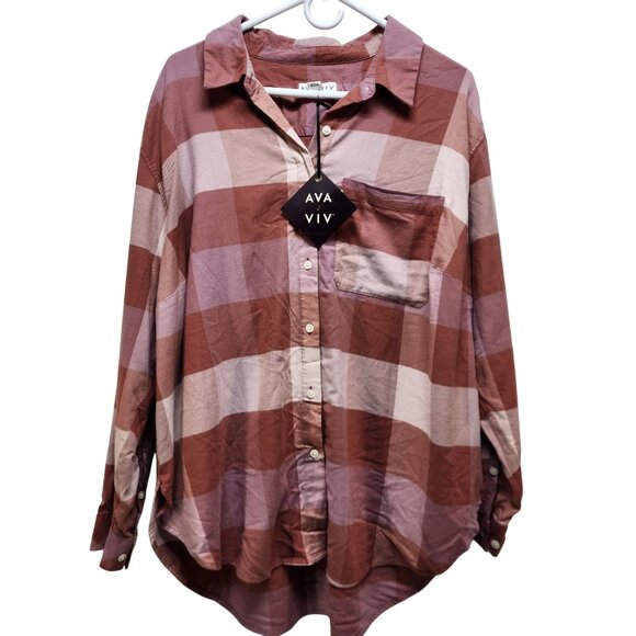 Ava & Viv Size XXL Pink Brown Womens Plaid Button-Down long Sleeve Shirt - Picture 1 of 7
